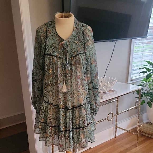 Free People Green Floral Long Sleeve Smocked Tunic Dress - Picture 4 of 5